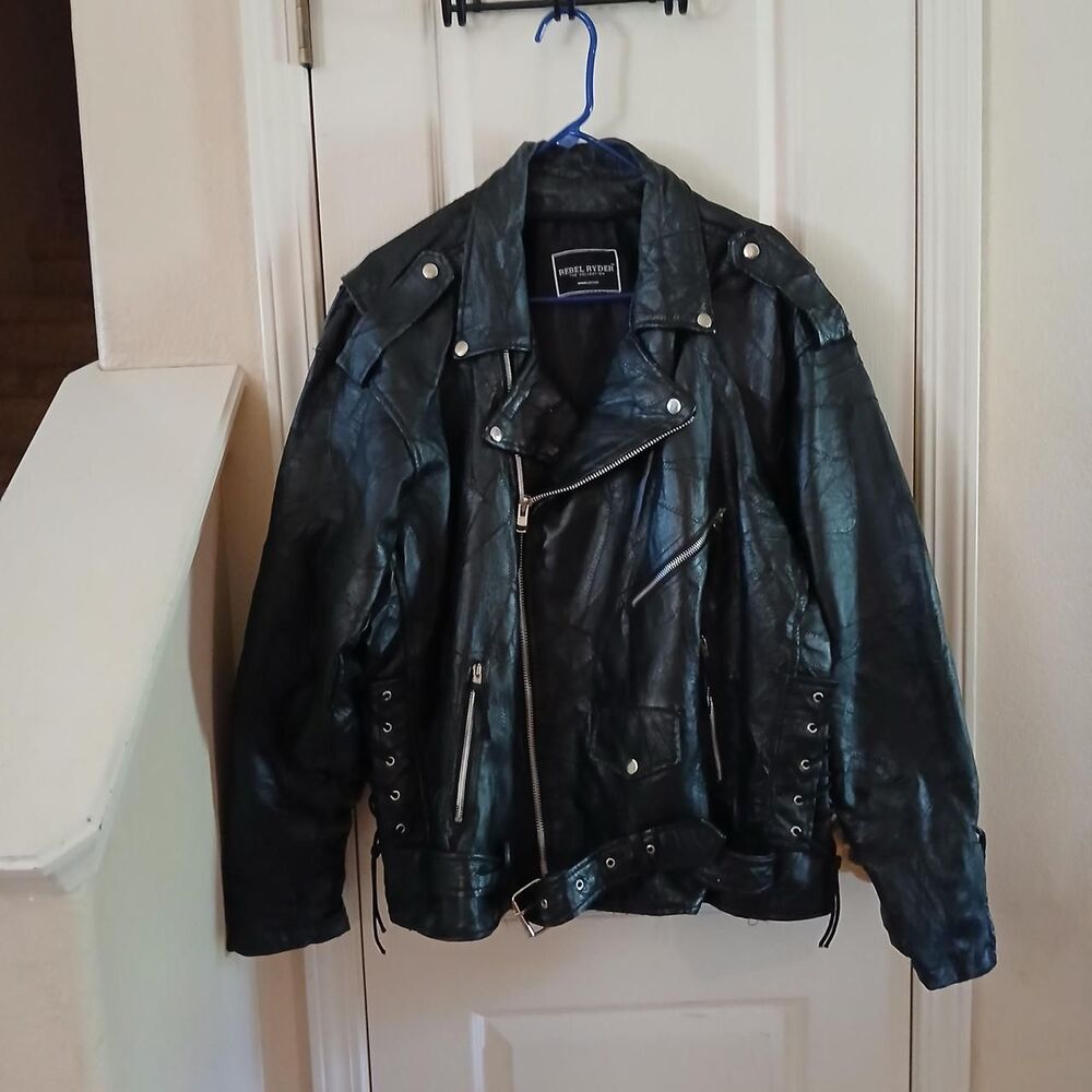 Vintage 90s Rebel Ryder Black Genuine Leather Belted Biker Motorcycle Jacket 4XL